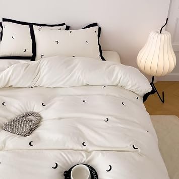 Beige Moon Duvet Cover Set Queen Size 3 Pcs1 Duvet Cover with 2 Pillowcases,Soft Brushed Wash Fall Winter Warm Comforter Covers with Ruffles,Twin Bedding Set for Teen Girls 90"90"