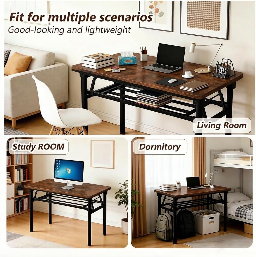 Folding Desk for Small Spaces, 39.4 Inch Foldable Computer Desk, No Assembly Required, Space Saving Portable Study Table for Compact Home Office, Bedroom, Dorm, Apartment, Brown