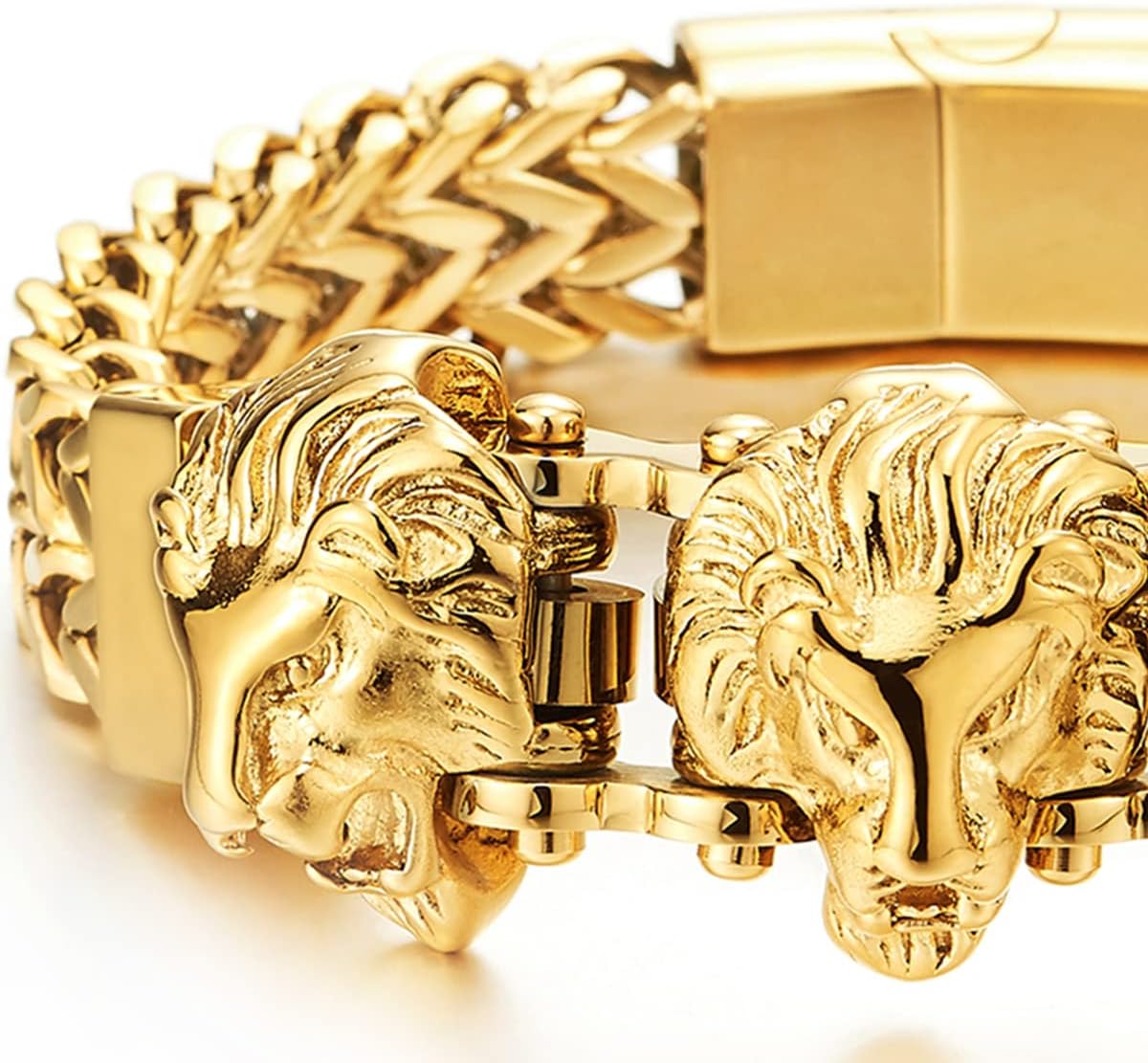 COOLSTEELANDBEYOND Steel Double Square Franco Link Bike Chain Three Lion Heads Bracelet, Magnetic Clasp