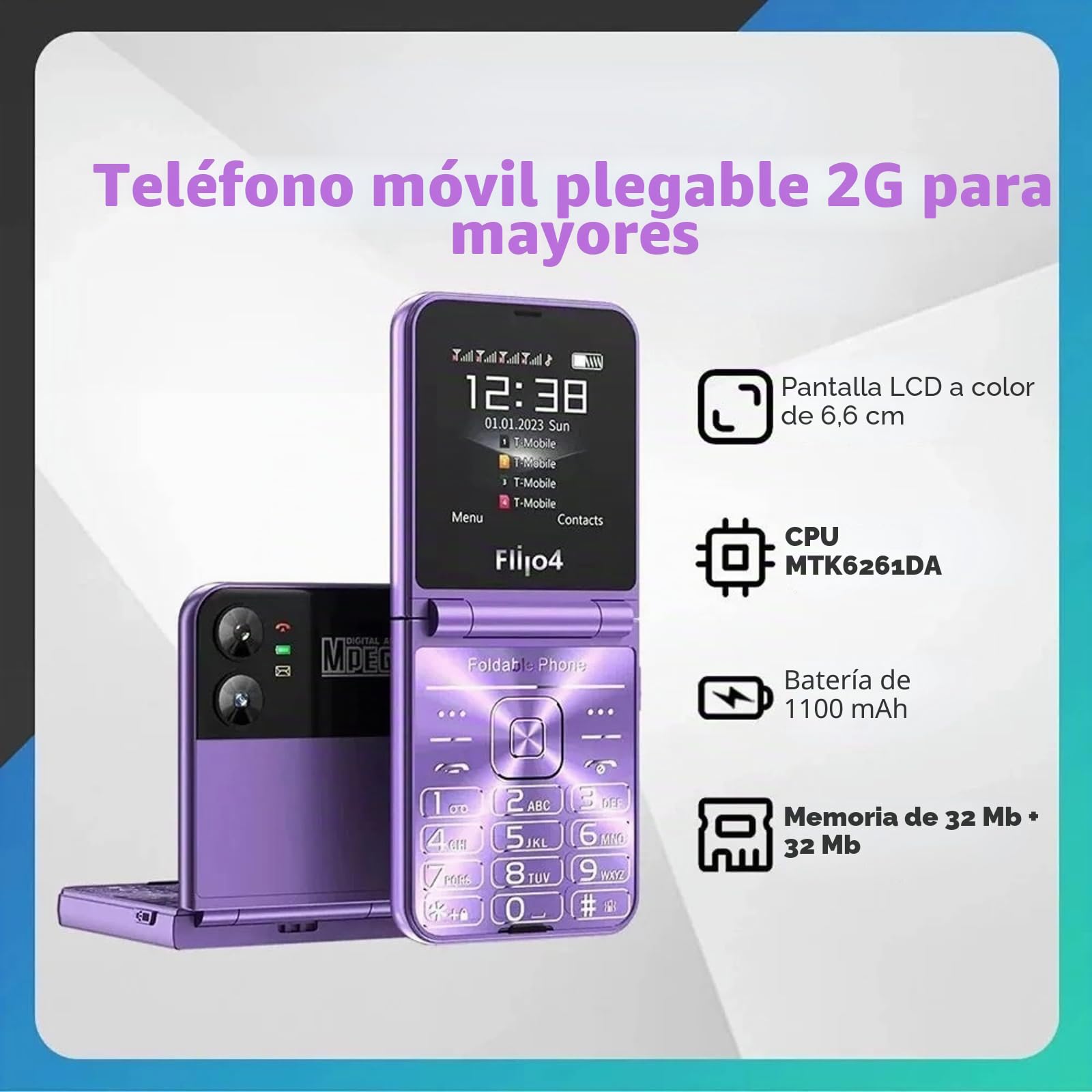 Teléfono Móvil para Personas Mayores con Tapa, Diseño con Tapa, Pantalla Dual, Botones Grandes, Marcación Rápida, Sonido Claro, Cámara HD, Linterna LED (Purple)