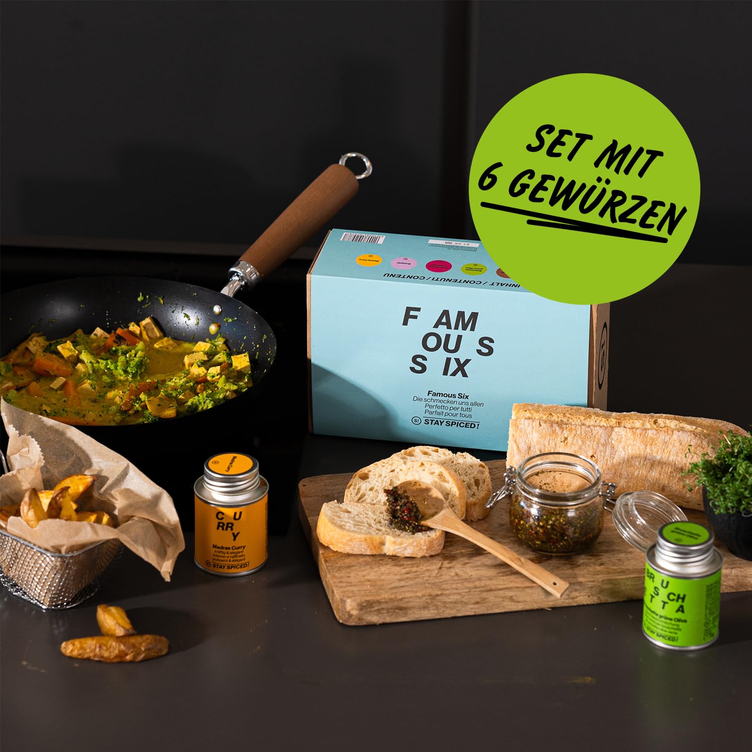 Stay Spiced !480 g / Famous Six - pudełko prezentowe I STAY SPICED !480 g pudełko na przyprawy z 6 popularnymi klasycznymi motywami przypraw z manufaktury przypraw I idealne jako prezent dla mężczyzn i kobiet