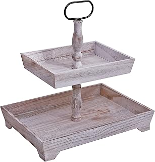 SWT8CAI 2 Tiered Tray Decorative Farmhouse Tray Rectangle Wooden Tray,Distressed White Wood Metal Handle Two-Tier Tray w/1...