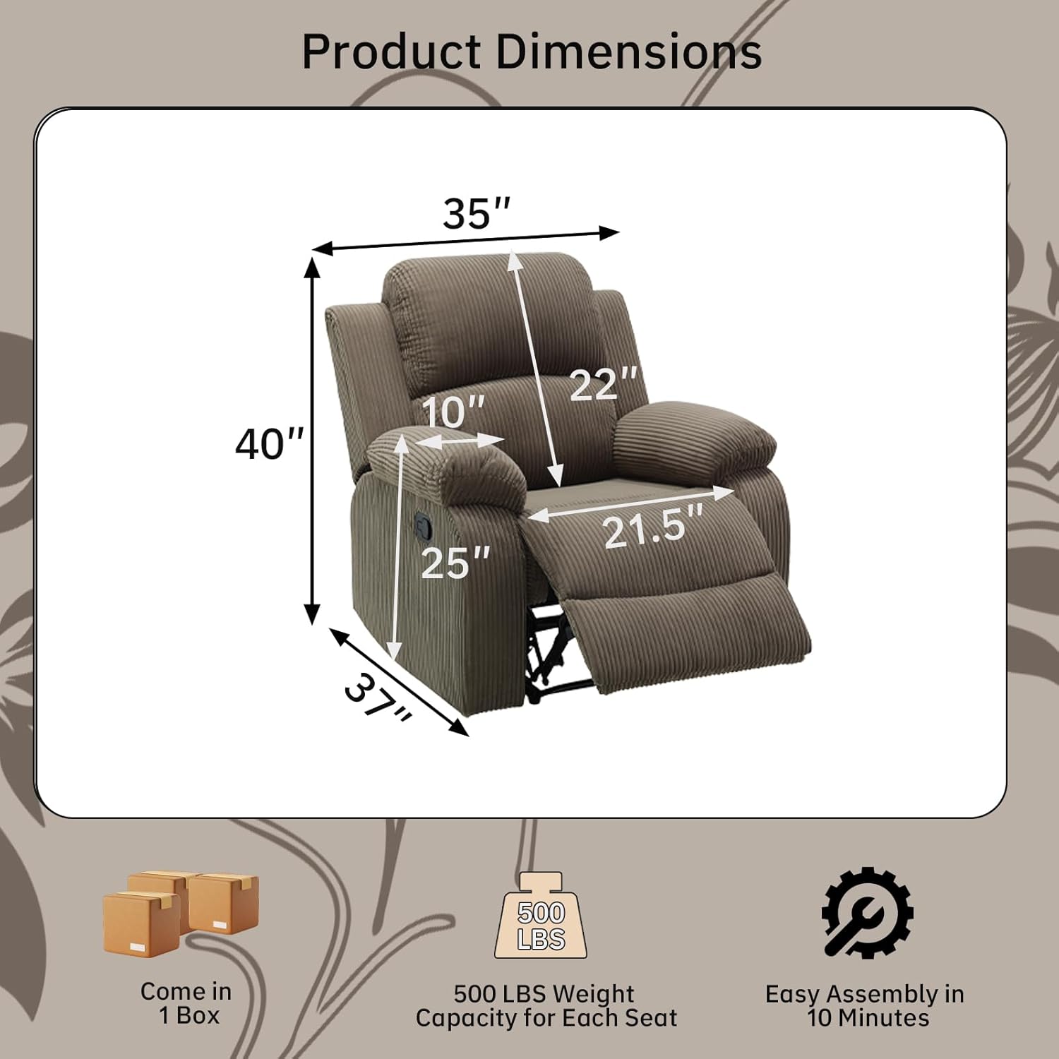 Living Room Furniture Set, Corduroy Sectional Recliner Sofa Set with Storage and Convertible Table, Manual Reclining Sectional Couch for Living Room, Office and Lounge (Chair, Taupe)