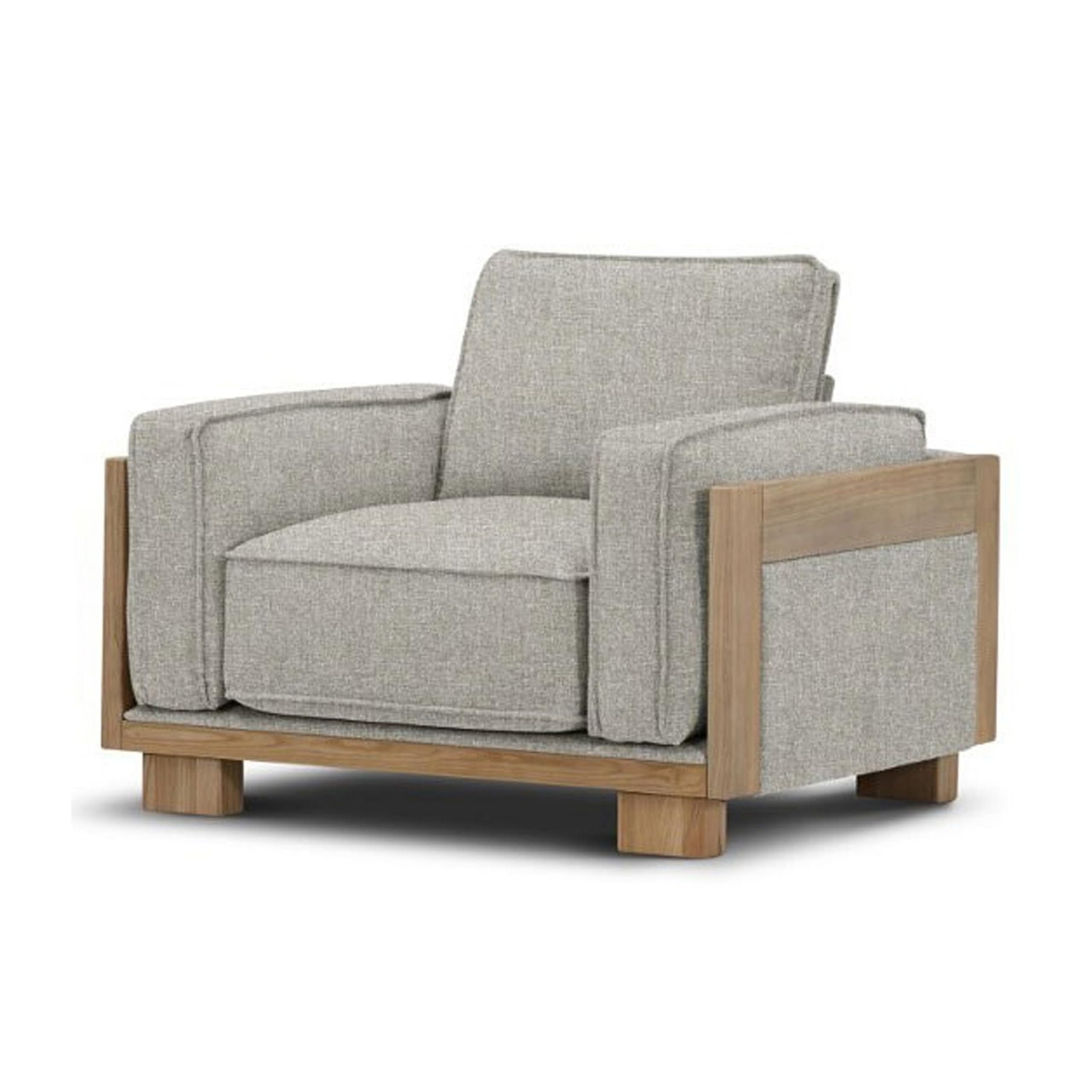 Benjara Denu Accent Chair, Loose Pillow Backs, Track Arms, Plush, Light Gray and Natural Brown