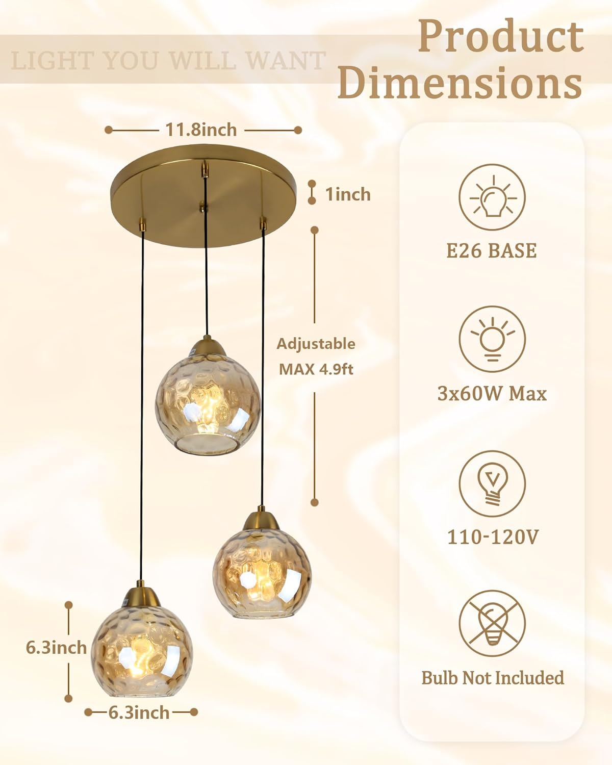 3-Light Gold Cluster Globe Ceiling Chandelier, Modern Brushed Brass Hanging Pendant Light with Amber Hammered Glass for Dining Room Staircase Entryway Foyer