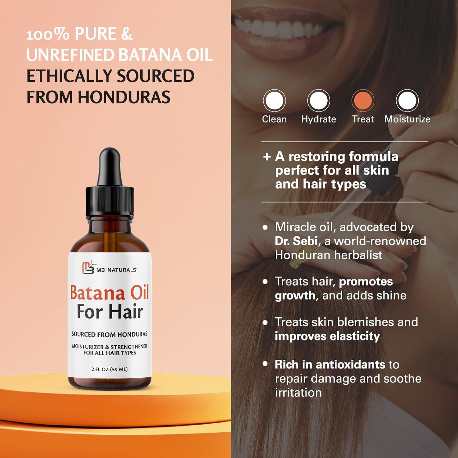 M3 Naturals Vegan Batana Oil | Unrefined Batana Oil for Hair & Skin | Supports Healthy Skin & Collagen Production | 100% Pure Batana & Non-GMO | 2 FL OZ (59 ML)