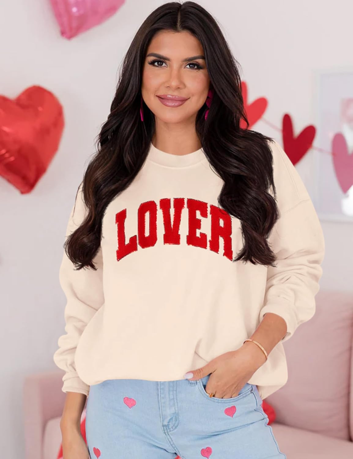 LETSEE Womens Valentine Crewneck Sweatshirt Letter Chenille Patch Long Sleeve Pullover Tops Oversized Clothes - Image 3