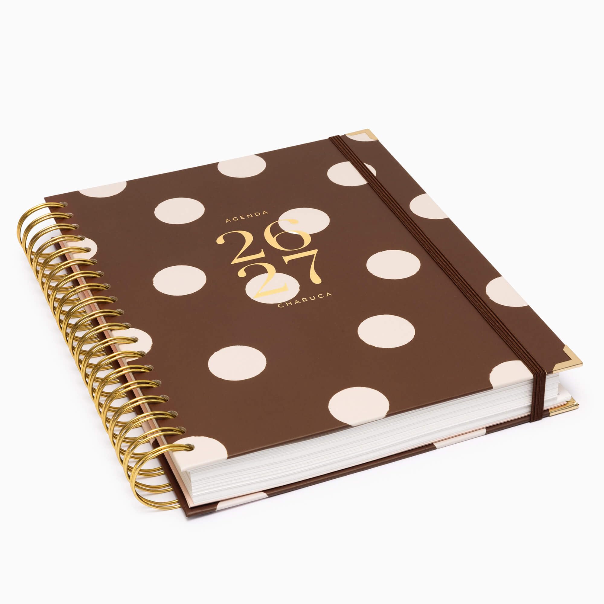 Agenda Charuca 26-27 Académica VISTA DIARIA - Tapa Dura con Detalles Dorados, Tamaño GRANDE - Incluye BOLSA de Tela PROTECTORA y Marcapáginas - Hecho en España. (CHOCOLATE LOVE)