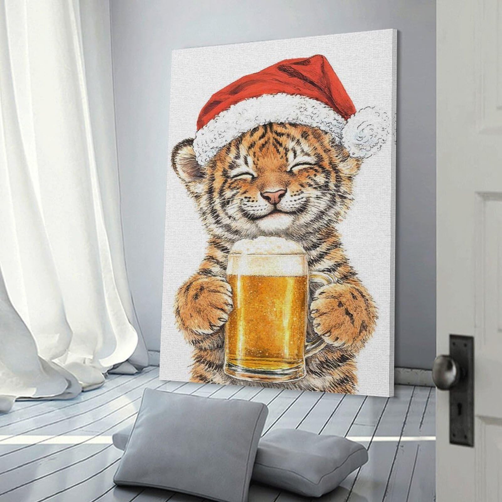 Junmoney Cute Tiger Cub in Santa Hat with Beer Hanging Wall Art 20x30inch(50x75cm), for Lounge, Bedroom Or Personal Spaces, Home Decor Gift with Stylish Appeal