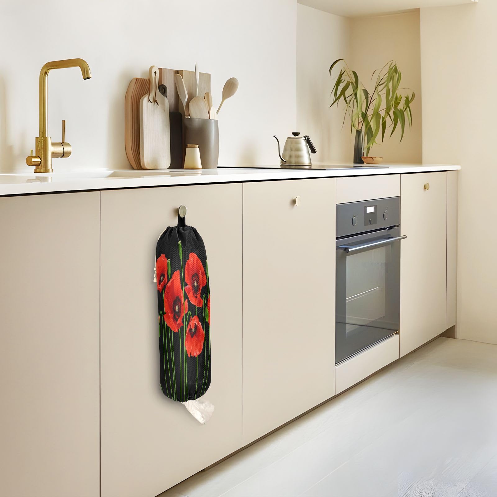 Porta sacchetti di plastica da appendere con bellissimi fiori di papavero per la spesa, organizer da cucina con papaveri rossi, sacchetti di plastica per la spazzatura e la spesa, per la decorazione