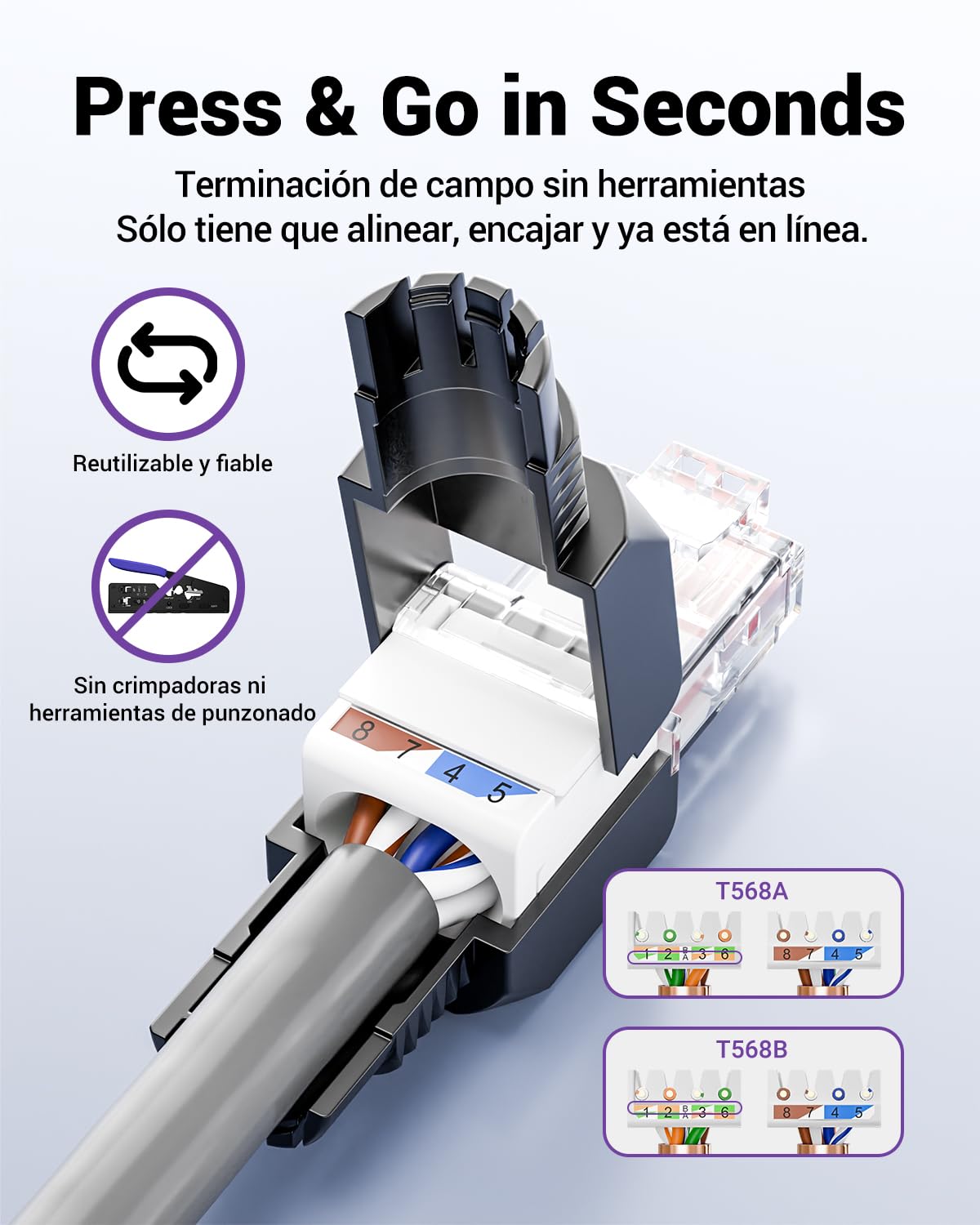 VCELINK Cat6 Conector RJ45 Sin Herramientas LSA, 1000 Mbps/250 MHz, Compacto y Reutilizable, Clavija RJ45 UTP Bañado en Oro para Cable de Red AWG 23-26, Compatible con PoE, Negro, 6 Unidades