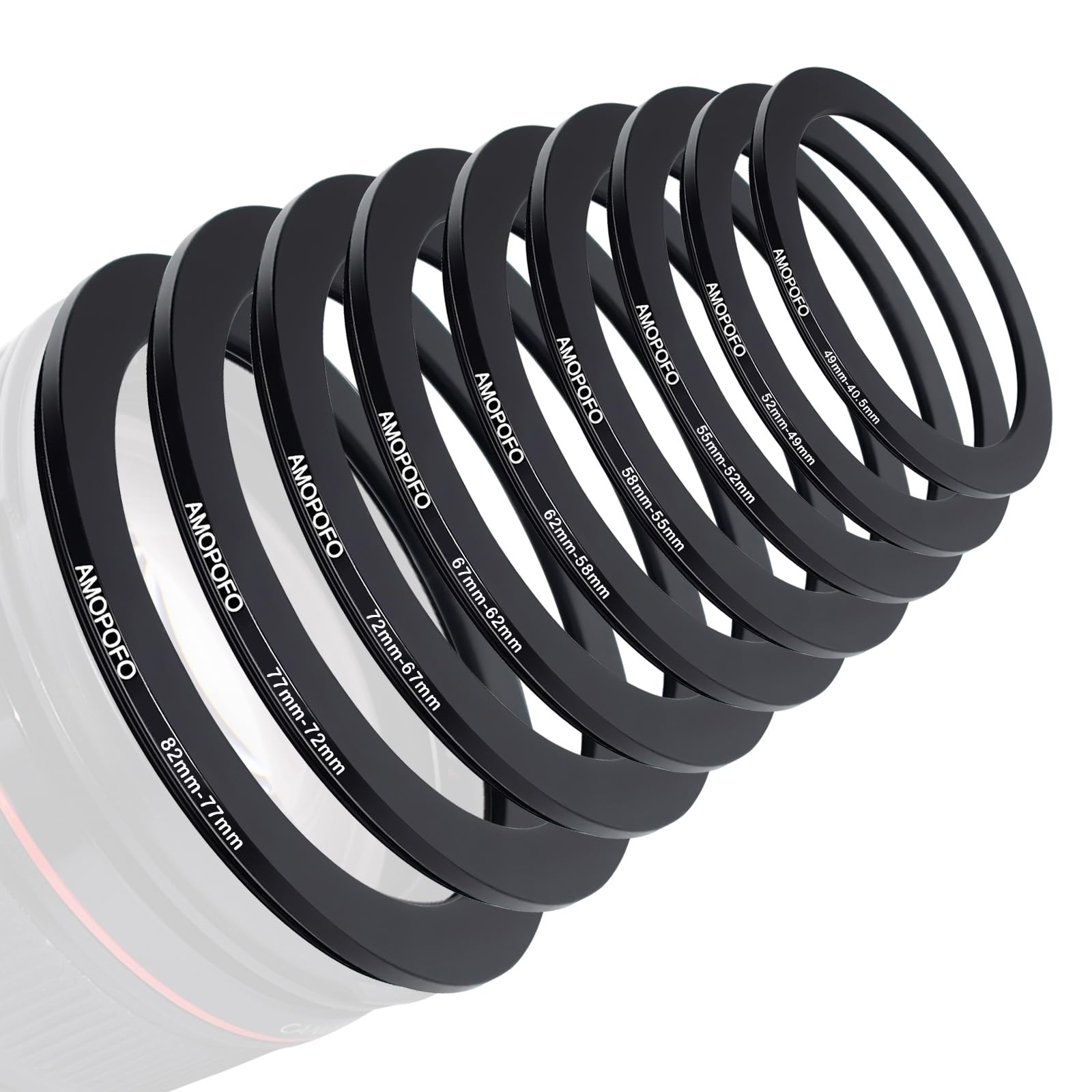 9 Stück 82-77mm/77-72mm/72-67mm/67-62mm/62-58mm/58-55mm/55-52mm/52-49mm/49-40.5mm Filterring Adapter-Set,Objektivfilter Step Down Ring kompatibel Alle Marken UV ND CPL