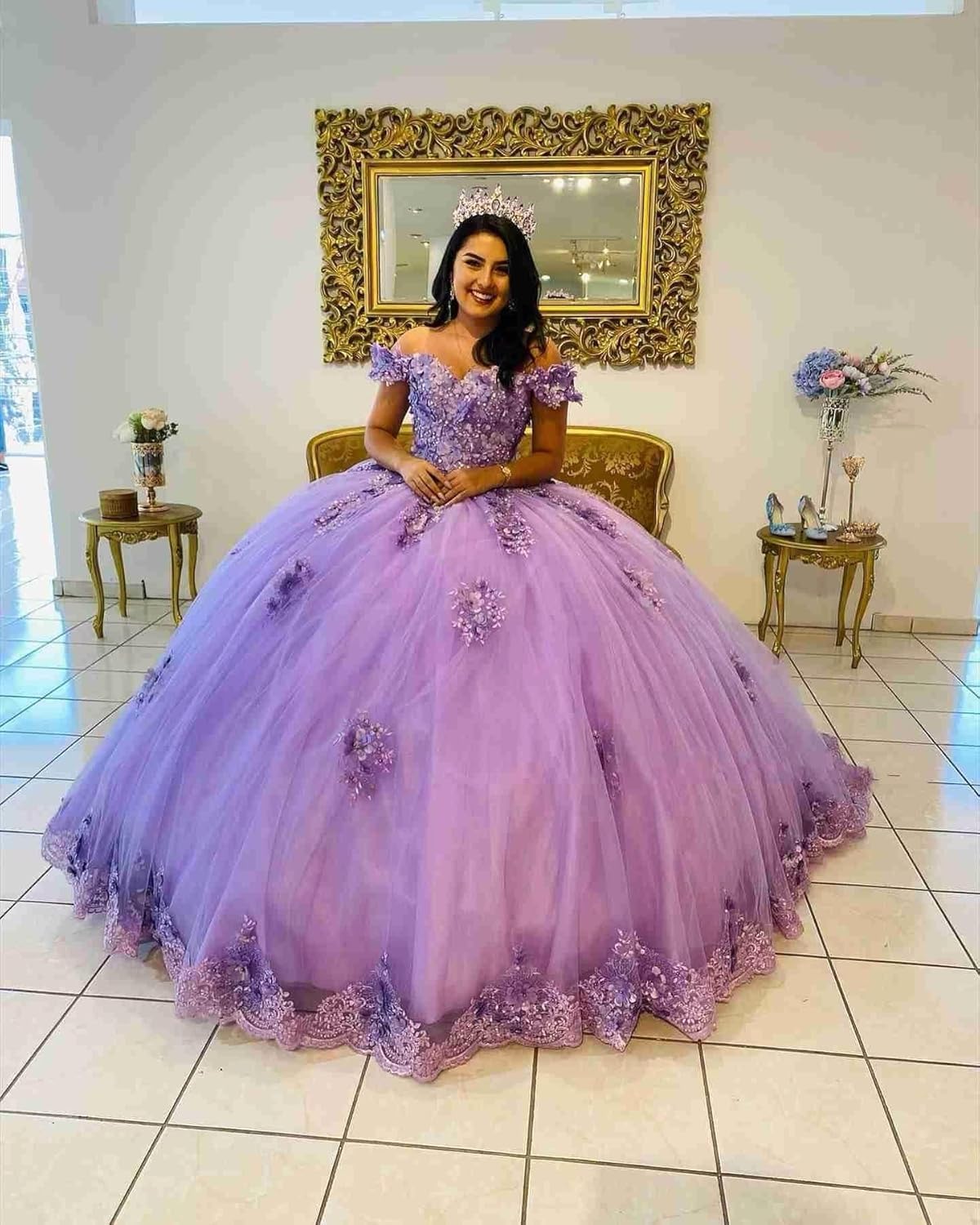 Abiti Stile Quinceanera con Scollo a Cuore in Pizzo e Perline per Donna Abiti da Ballo con Fiori gonfi 3D Abiti Dolci 15 16 con Bowie
