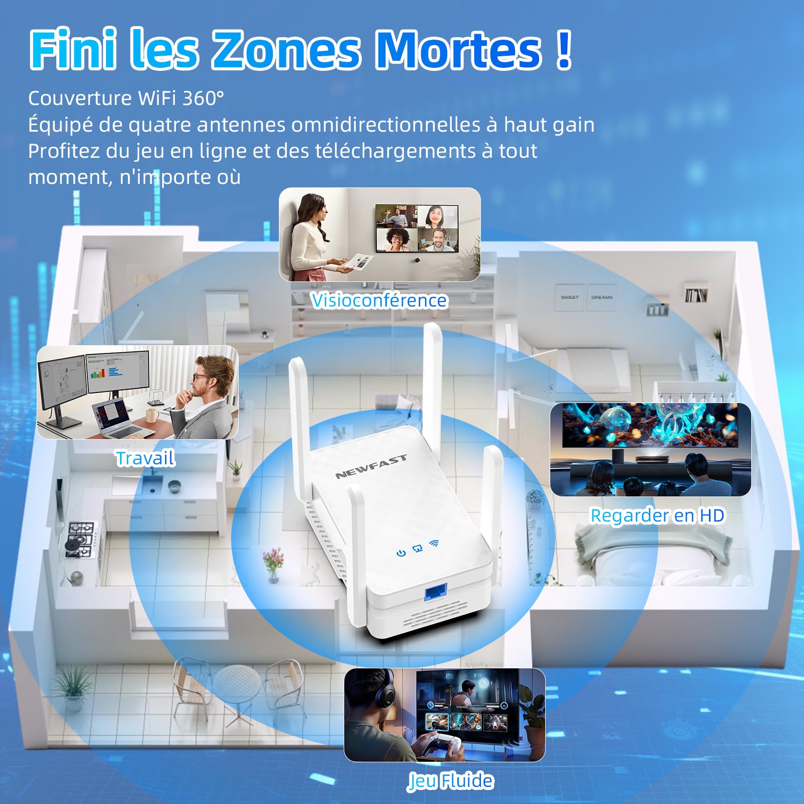 NEWFAST Répéteur WiFi 6 NF-RE556, Amplificateur WiFi Puissant AX3000 Mbps,Port Ethernet Gigabit, 2402Mbps 5GHz & 574Mbps 2.4GHz Repetiteur WiFi Compatible avec Toutes Les Box Internet, 4 Antennas