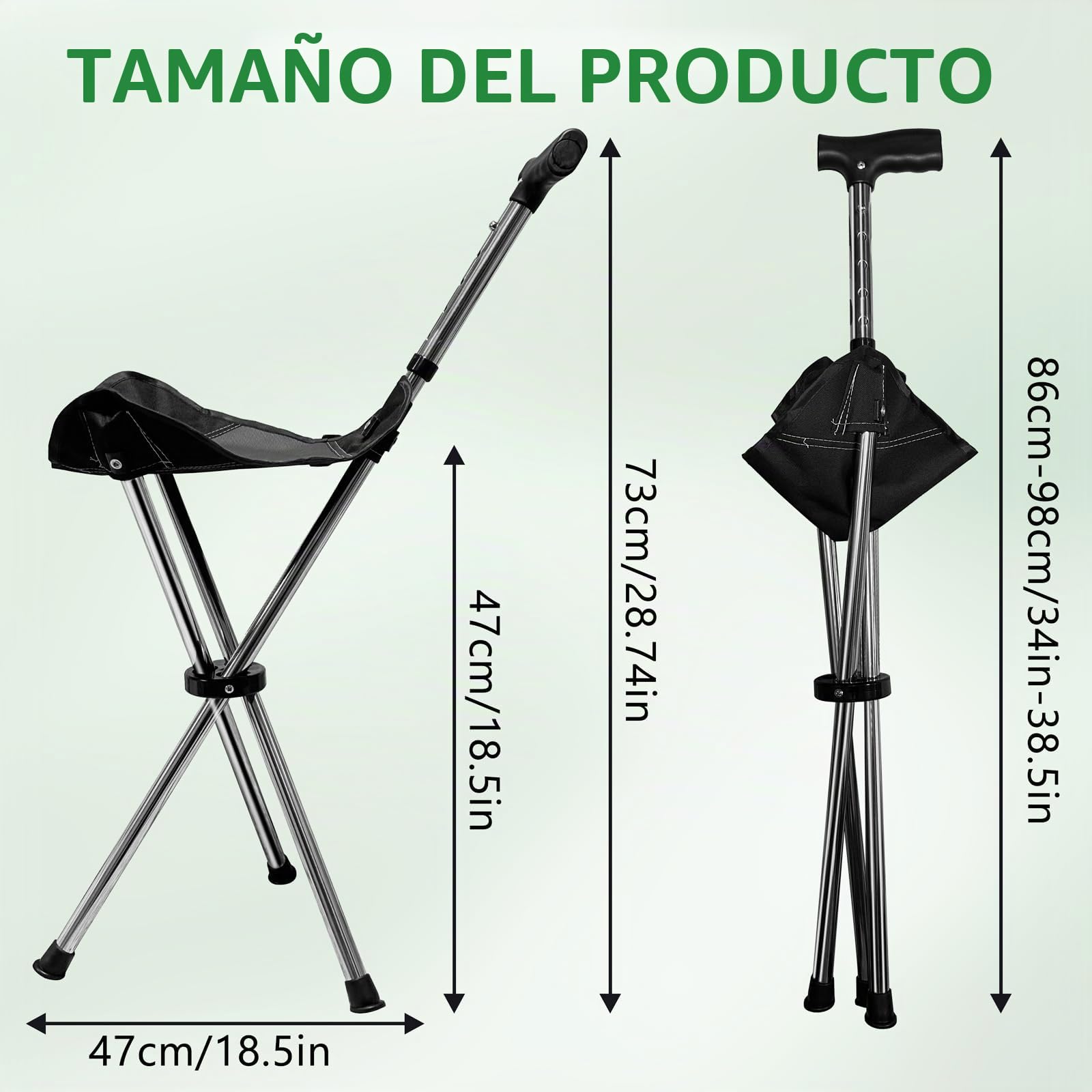 Bastón Plegable 2 en 1 con Asiento, Ajustable en Altura en 5 Niveles, Ligero y portátil, de Tres Patas, para Personas Mayores, Hombres y Mujeres