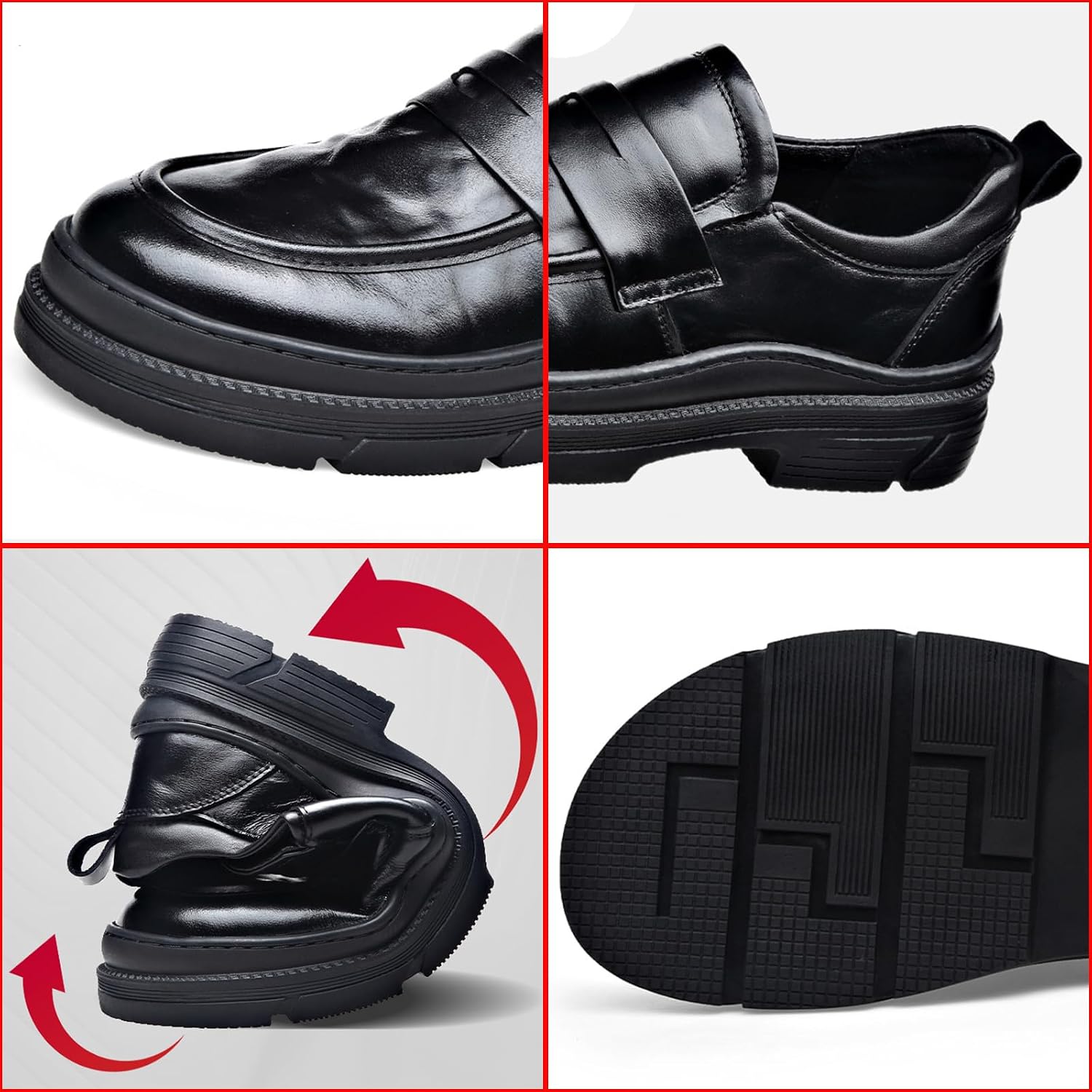 Men's Wrinkled Leather Platform Loafers Fashion Round Toe Lug Sole Low Block Heel Slip on Business Dress Shoes Comfortable Non-Slip Work Office Casual Shoes