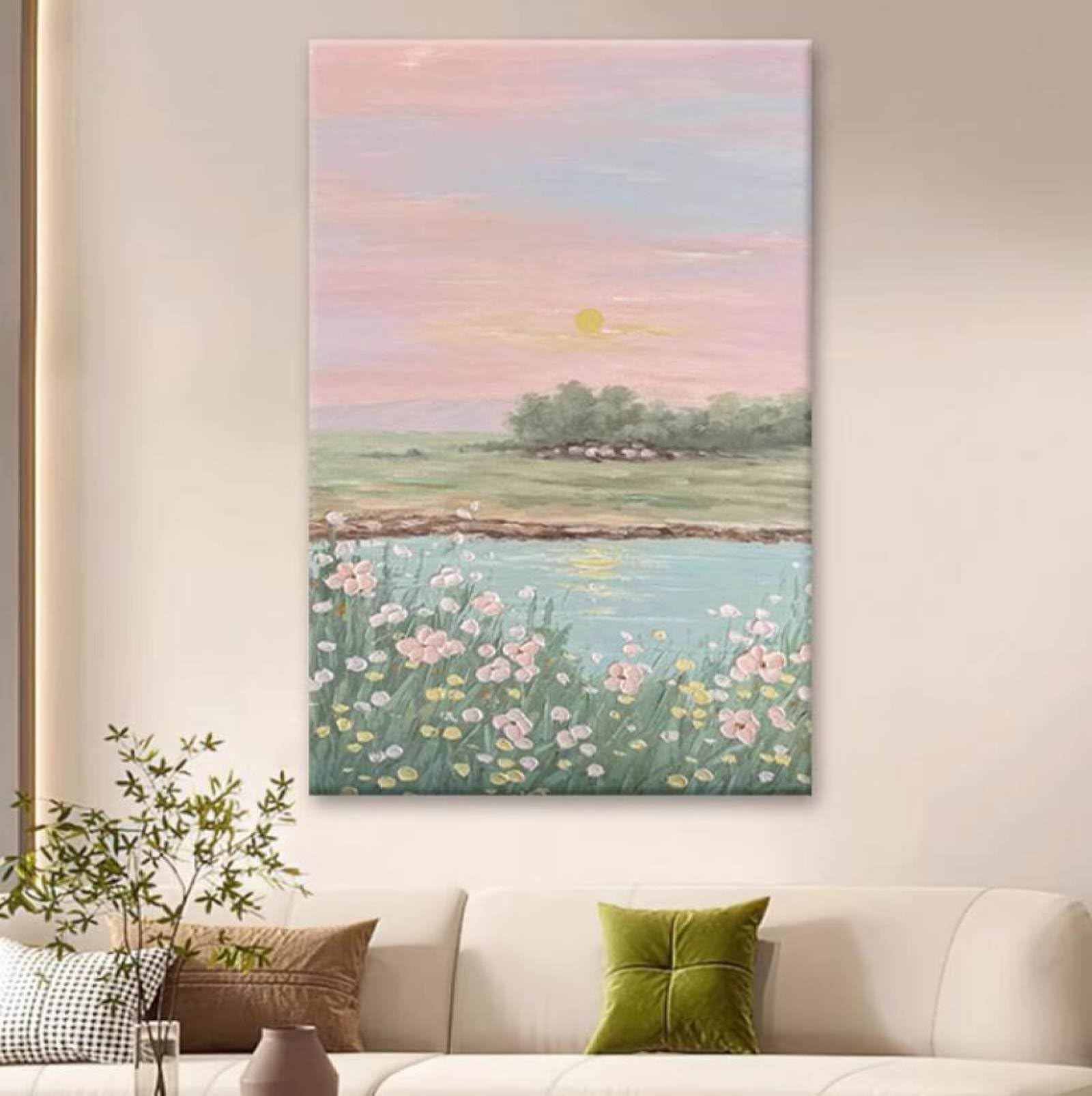 Peinture à l'huile sur toile peinte à la main, motif mer de fleurs et paysage