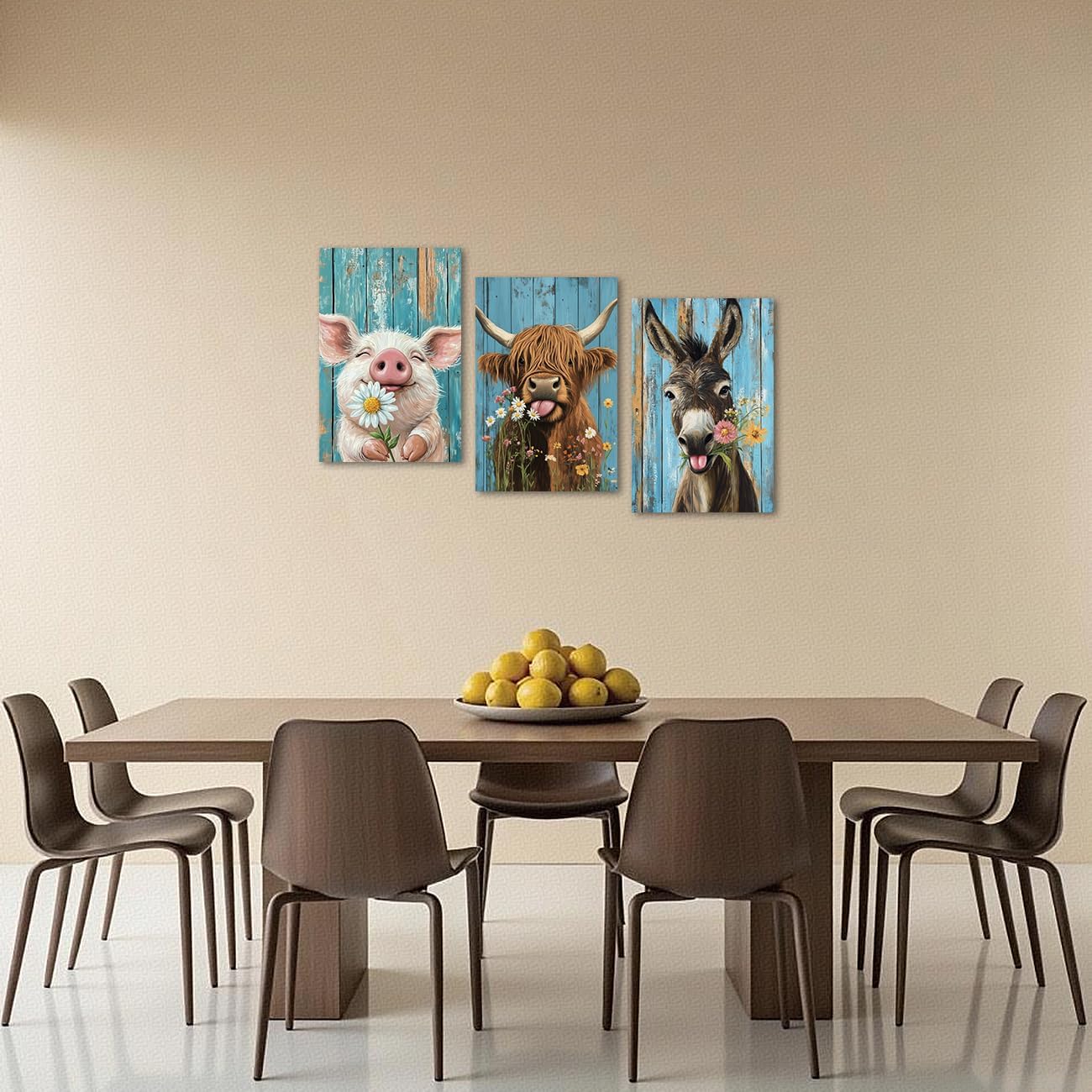 AWPANERAR 3 Pieces Farmhouse Kitchen Wall Art Farm Animal Pictures Highland Cow Pig Donkey Canvas Print Rustic Animal With Flower Picture Teal Paintings for Bathroom Decor (12.00" x 16.00" x 3PCS)