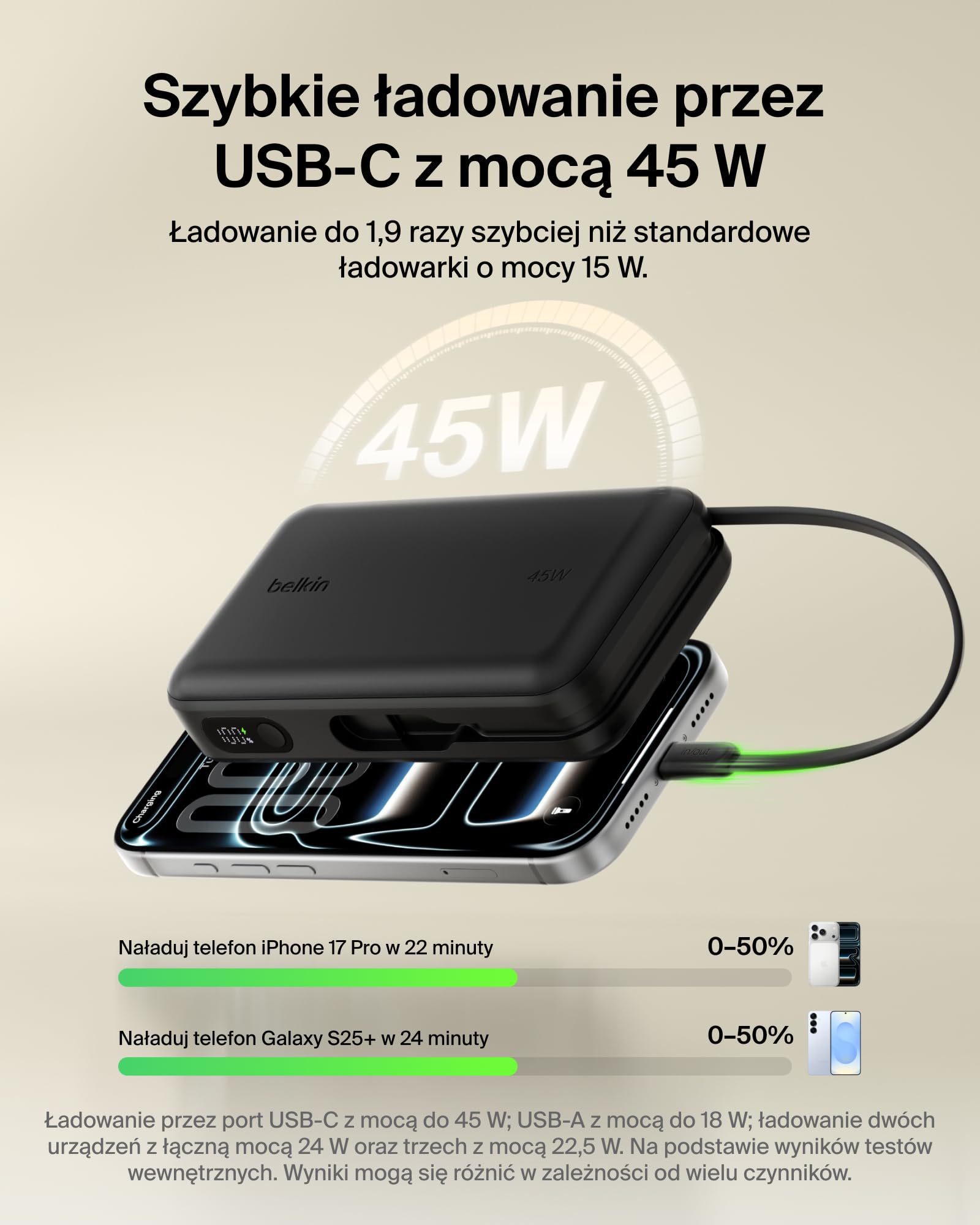 Belkin UltraCharge Powerbank 20 000 mAh, Kabel USB-C, Wyświetlacz – Czarny | Powerbank 20 000 mAh, Ładowanie 3 Urządzeń (1 Port USB-C, 1 Port USB-A, Kabel USB-C), 45 W, Wstępnie Naładowany, Wyświetlacz