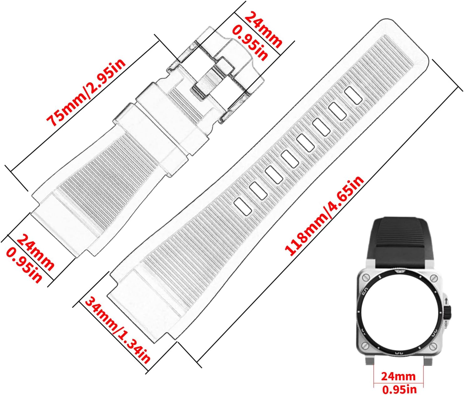 24mm*33mm Rubber Watch Band Compatible for Bell & Ross B&R BR-01 BR01 BR-03 BR03 Diver watch modles Silicone Strap Wirstband accessories replacement for Men and Women
