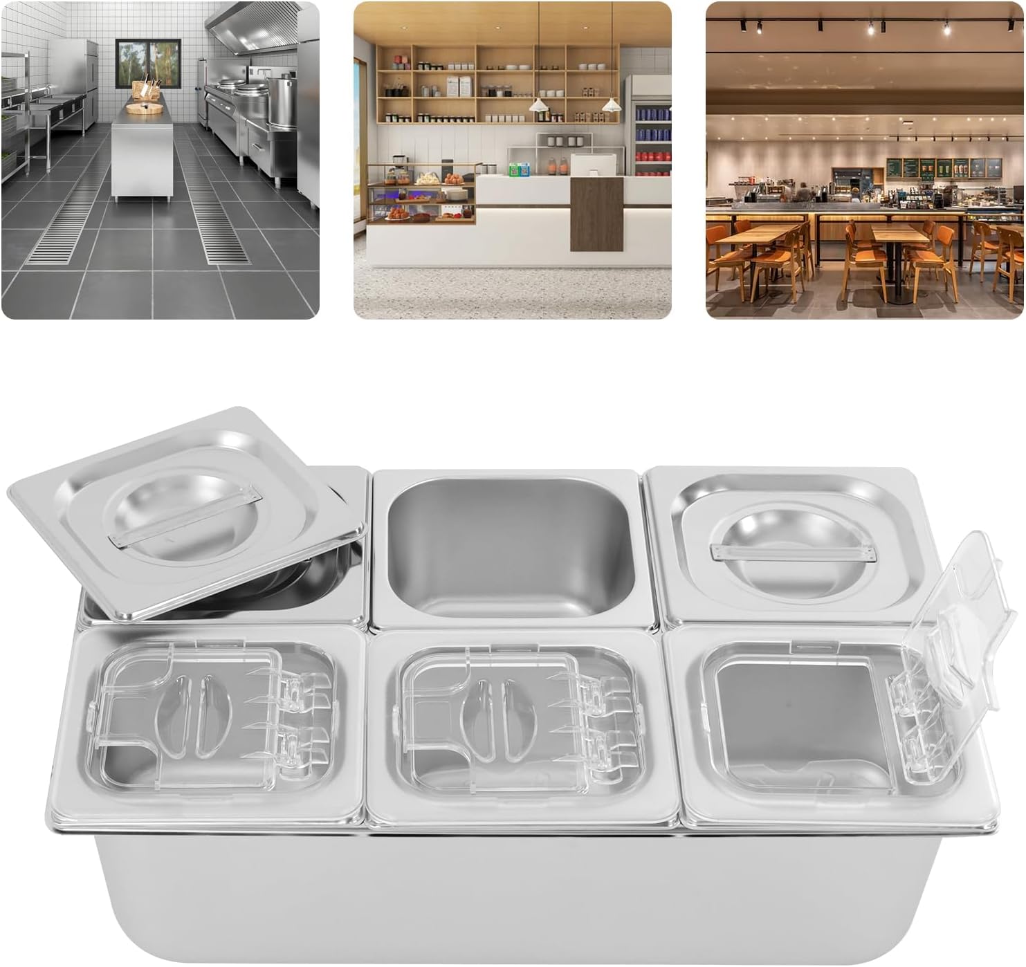 Chilled Condiment Server with Lid, 6-Compartment Stainless Steel Chilled Serving Tray, Commercial Food Storage Containers for Buffet Restaurant Home, 2 Types of Lids (6-Pan)