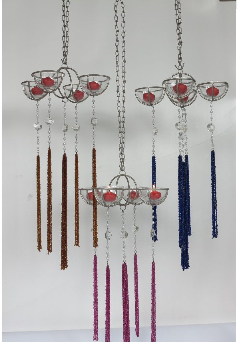 Discount Etnico FENG SHUI GLASS CANDLE HOLDERS WITH GLASS BEADS HANGINGS 54X20 CM