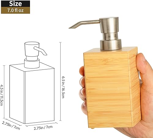 Miniatura 5 de Dispensador de jabón de bambú, dispensador de jabón de madera de 7 onzas líquidas, diseño cuadrado elegante, encimera moderna de baño de cocina