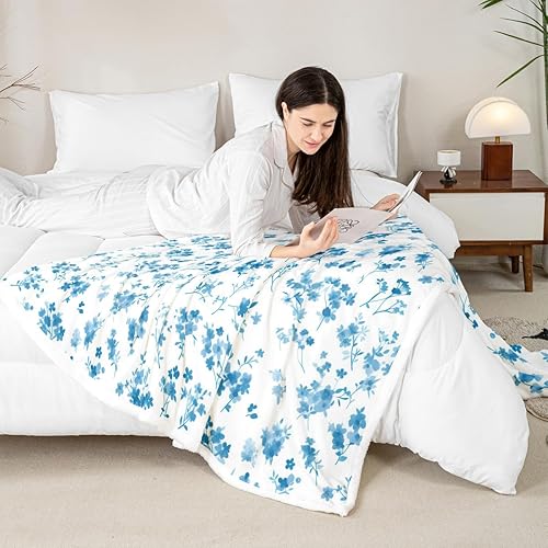 Miniatura 4 de Manfei Blue Flower Throw Blanket Watercolor Floral Print Fleece Blanket Botanical Wildflower Cozy Throws for Bed Couch Sofa,Kids Boys Girls Room