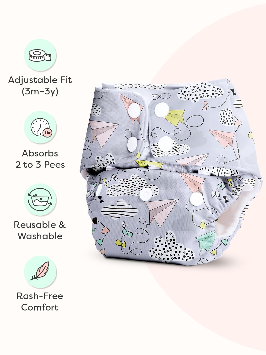 Superbottoms Basic Leakage-proof advanced cloth diapers for babies, High Absorbent 100% cotton 5 reusable diaper and 5 insert pad Combo Pack washable cloth diaper 3M -3Years Adjustable, Reduces Rash - Image 2 thumbnail