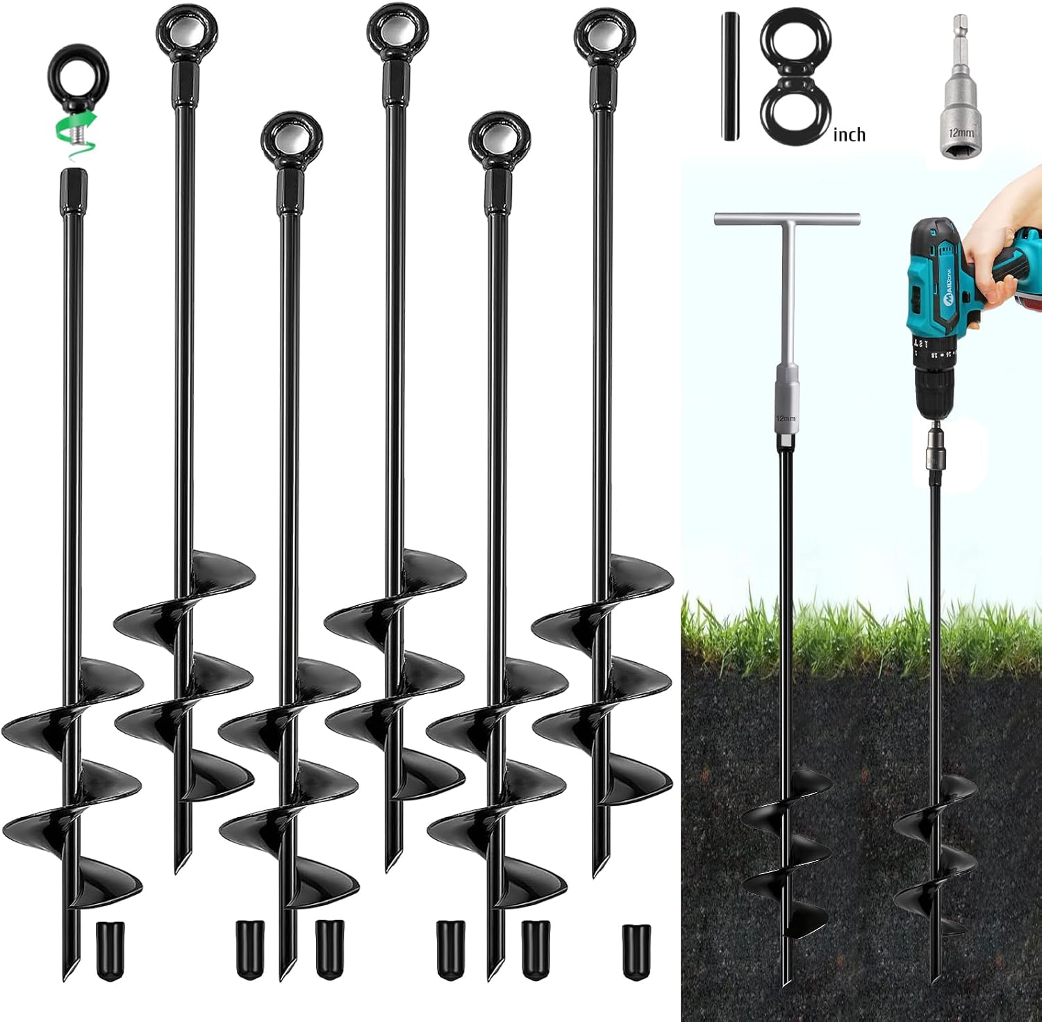 Ground Anchors Screw in, 18 Inch Heavy Duty Swing Set Ground Anchor Kit 6 Pack, Spiral Earth Trampoline Stakes High Wind Metal Auger Stakes for Dog Sheds Tent Carports Camping