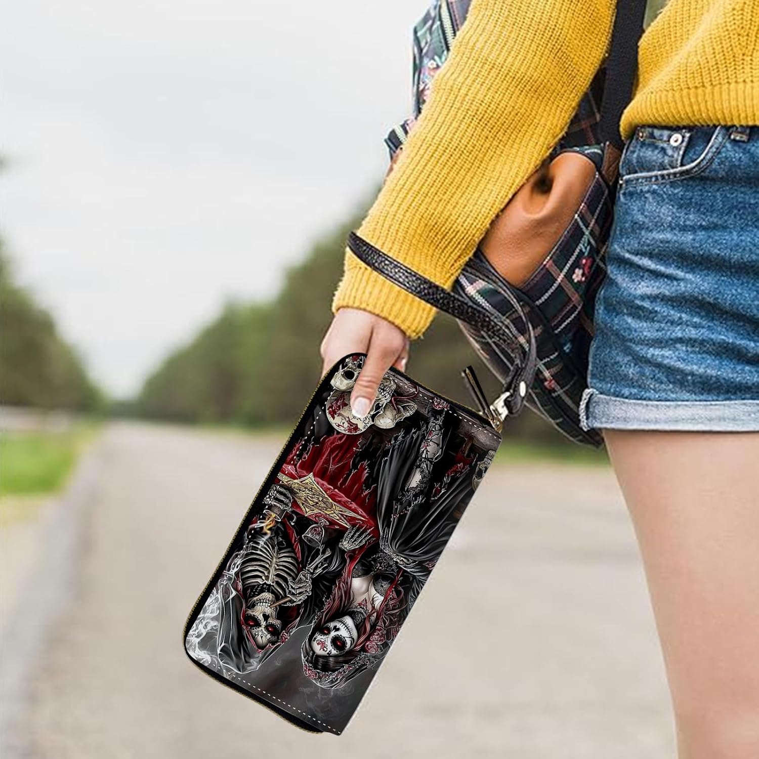 Womens Wallet, Large Capacity RFID Blocking PU Leather Wristlet Wallets for Women Ladies Men Credit Card Holder Zipper Wallet Phone Holder Clutch Travel Purse, Human Bone Skull - Image 5