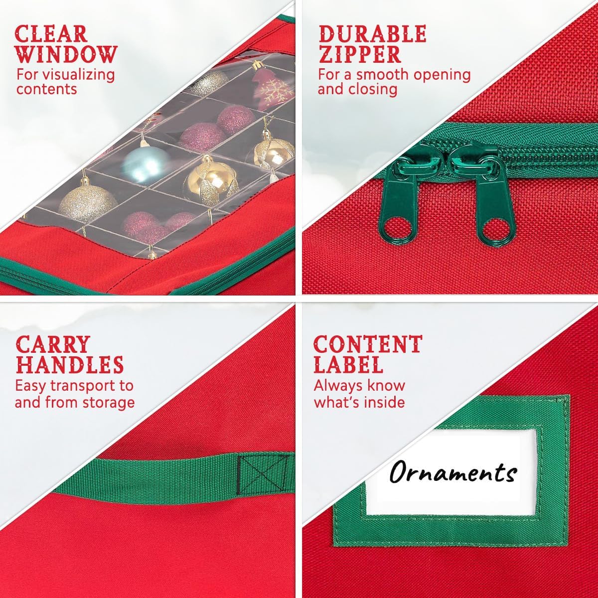 HOLDN’ STORAGE Christmas Ornament Storage Box with Dividers - Fits 96-3” Ornaments, 4 Removable Trays, Durable & Space-Saving, Clear Top Lid, Convenient Storage Designed, Red