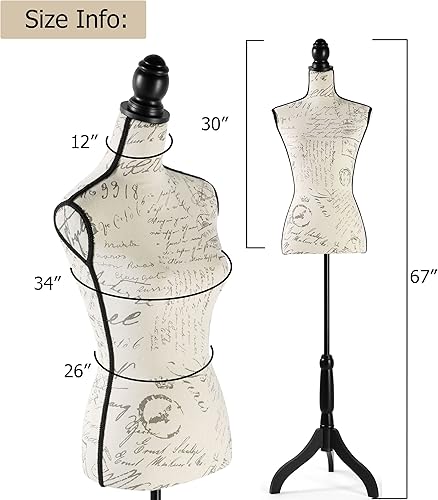 Miniatura 3 de Maniquí femenino con altura ajustable, cuerpo de maniquí con trípode negro para ropa, vestido de vestir, exhibición de joyas (impresión beige)