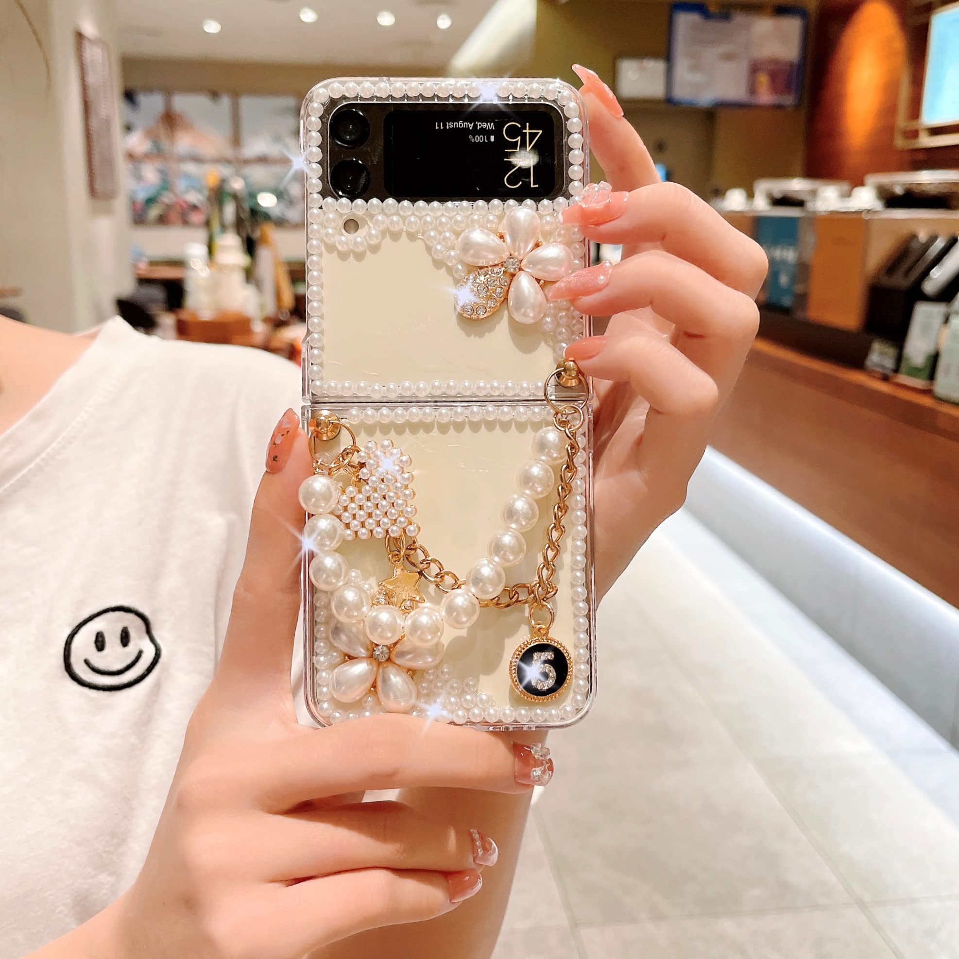 CrazyLemon Custodia per Samsung Galaxy Z Flip 4 5G, Perle Scintillanti Cristallo Lucido Fiore Brillare 3D Stones Custodia Protettiva Galaxy Z Flip 4 5G Custodia per donne e Ragazze