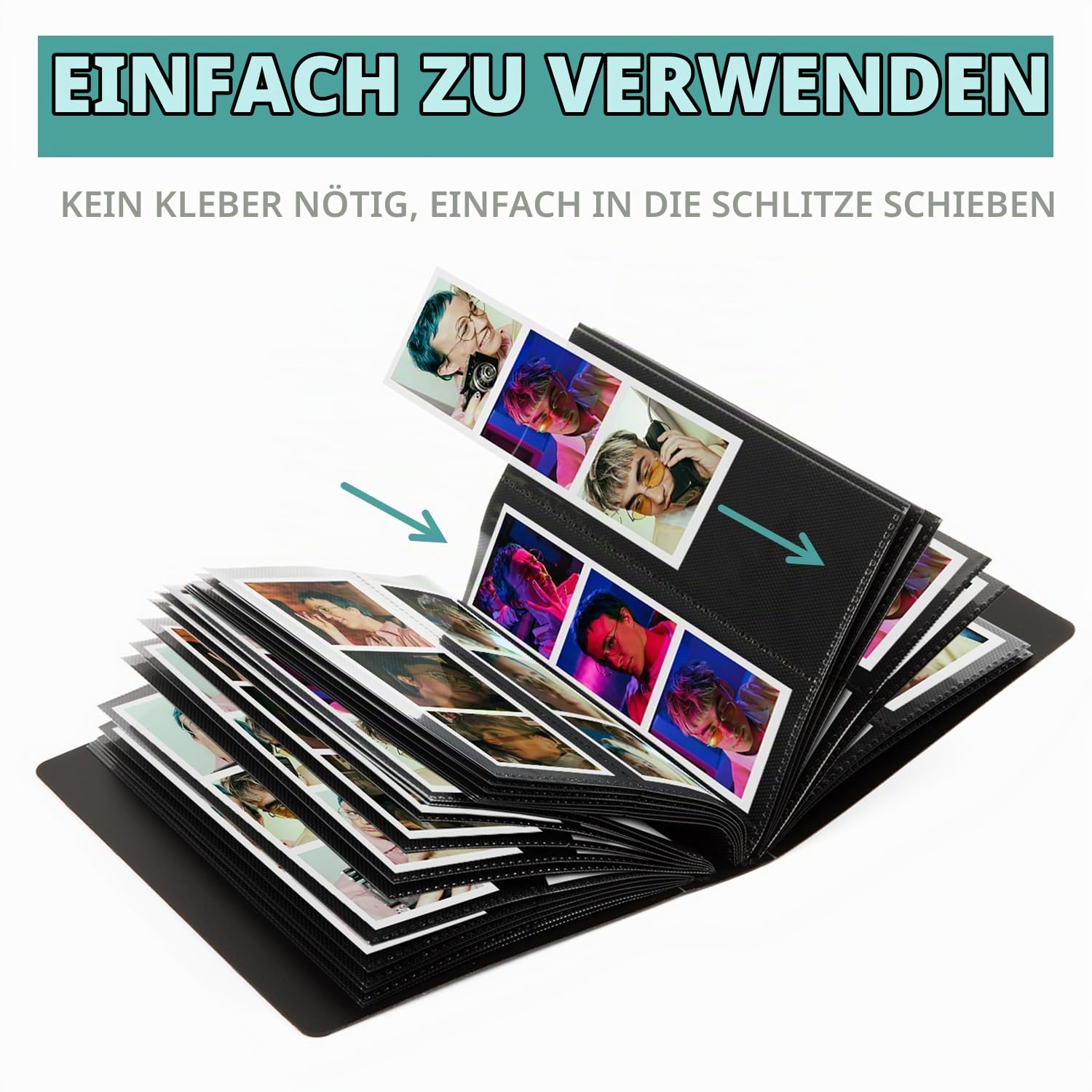 pbf Photo Booth Album | 2x6 Fotoalbum mit Bilderhüllen | 2x6 Streifen Erinnerungsbuch | Fotostreifenalbum | Hochzeitsfotoalbum für Fotoautomaten Bilder | 12 Seiten, für 48 Fotos (Schwarz, 1er-Pack)