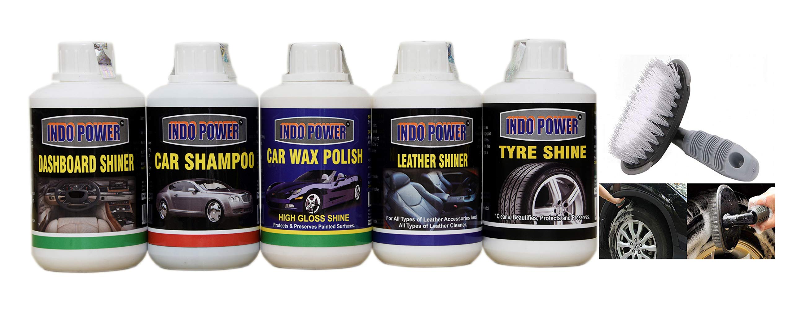 INDOPOWER® R875-CAR WAX POLISH 250ml.+ DASHBOARD SHINER 250ml.+ TYRE SHINER 250ml.+ LEATHER SHINER 250ml.+CAR SHAMPOO 250ml.+All Tyre Cleaning Brush