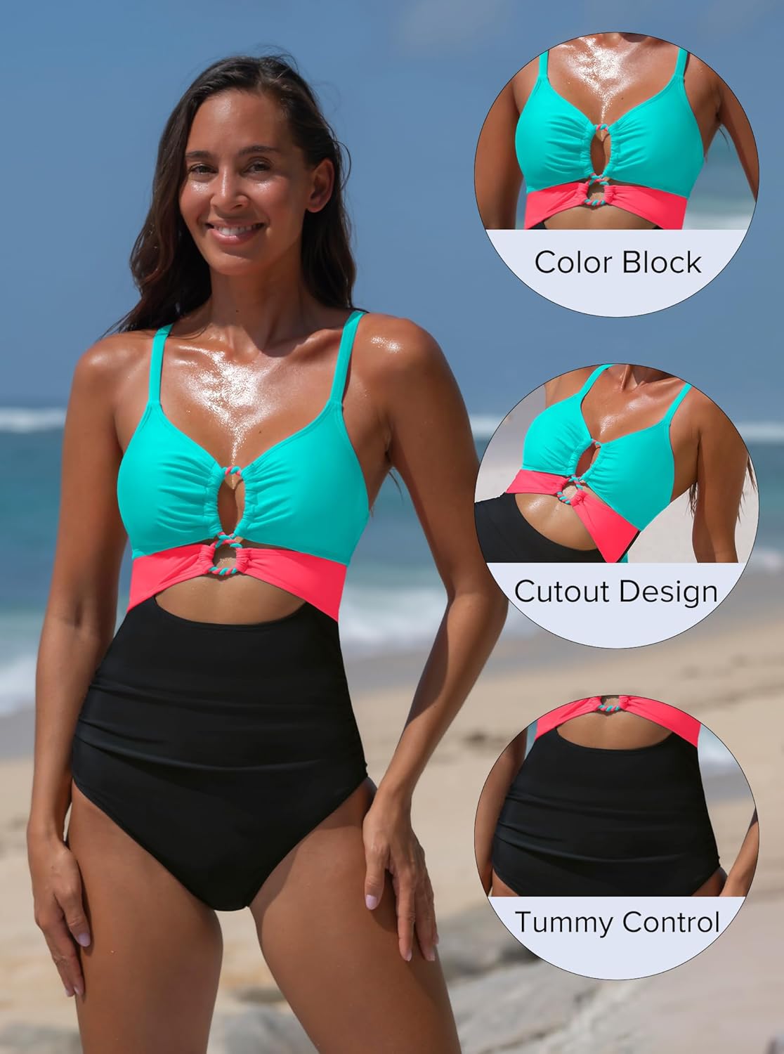 popvil One Piece Swimsuit for Women 2026 Sexy Neon Swim Suits Cut Out Tummy Control Bathing Suit Braid Color Block Swimwear, Blue, Small - Image 7