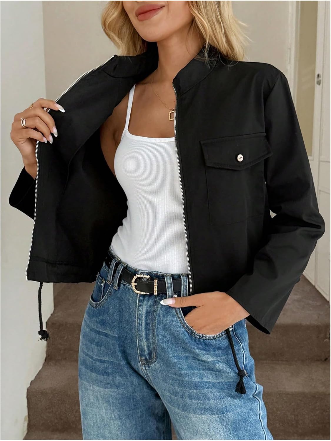 Verdusa Women's Zip Up Jacket Casual Roll Up Sleeve Jackets Elegant Outerwear with Pockets Black X-Large - Image 3