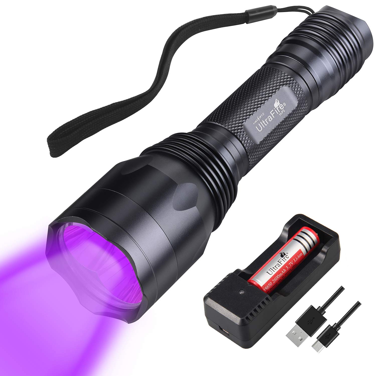 ULTRAFIRE 390-395nm UV LED Torch Super Power Blacklight Flashlight Ultraviolet Light with 3.7V 2600mA Rechargeable Battery and Charger, for Pet Urine Stain, Curing UV Glue, Leak Detector, H-P3