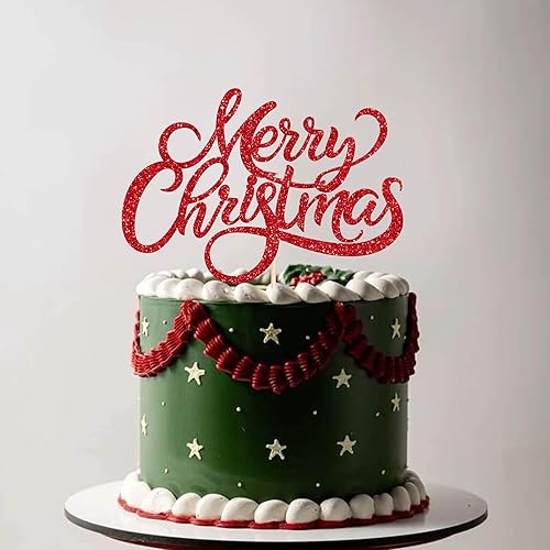 Vista 25 de Rsstarxi 1 paquete de decoración de pastel de Navidad con purpurina verde y rojo hojas de acebo y bayas, sombrero de Papá Noel, barba, decoración