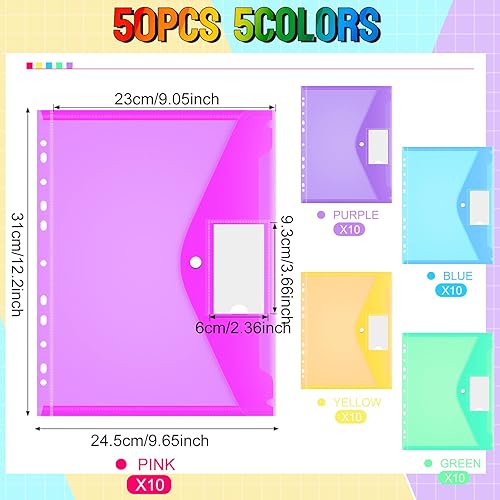 Miniatura 2 de Fuutreo 50 bolsillos para carpetas de 3 anillas, sobres de plástico, carpetas de bolsillo, 11 agujeros con botón a presión con etiquetas,