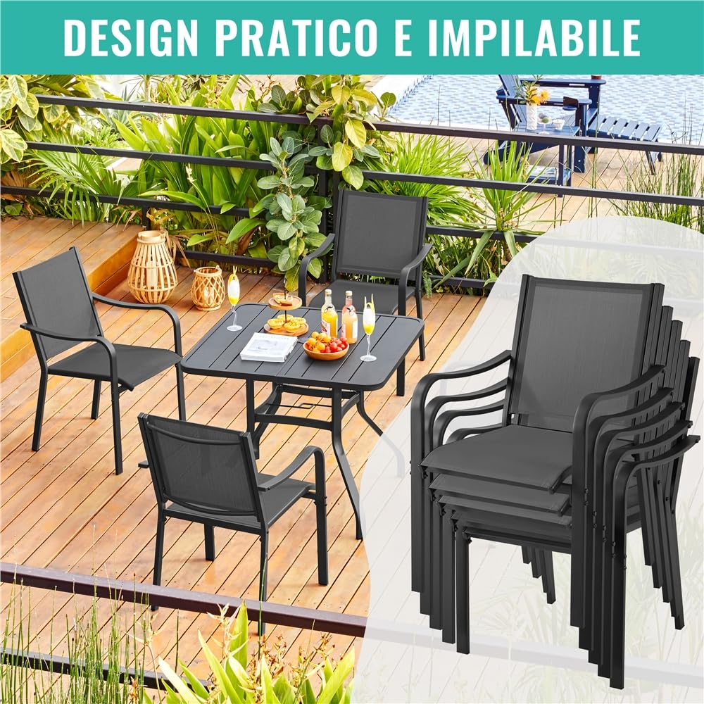 Yaheetech Set di Sedie da Esterno Impilabili con Schienale Braccioli Poltrona da Giardino in Tessuto Textilene per Terrazza Balcone Veranda Piscina Nero