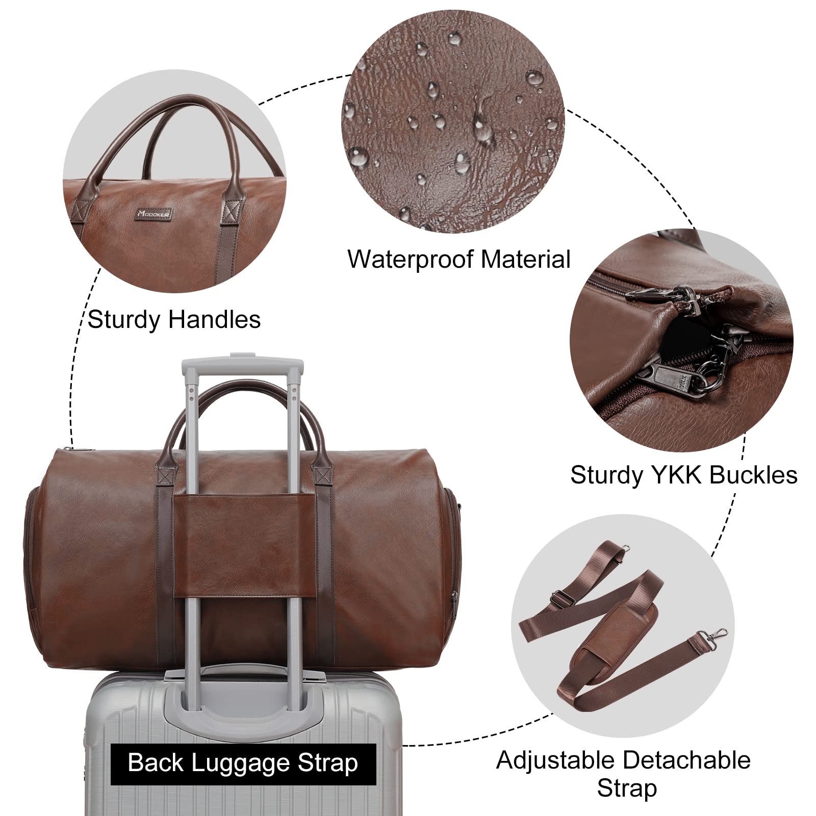 Modoker Sac à vêtements en Cuir Convertible, Sacs à vêtements de Voyage, Sac de Sport, Cadeaux pour Hommes Femmes Affaires Valise étanche Costume Sacs de Voyage, Marron