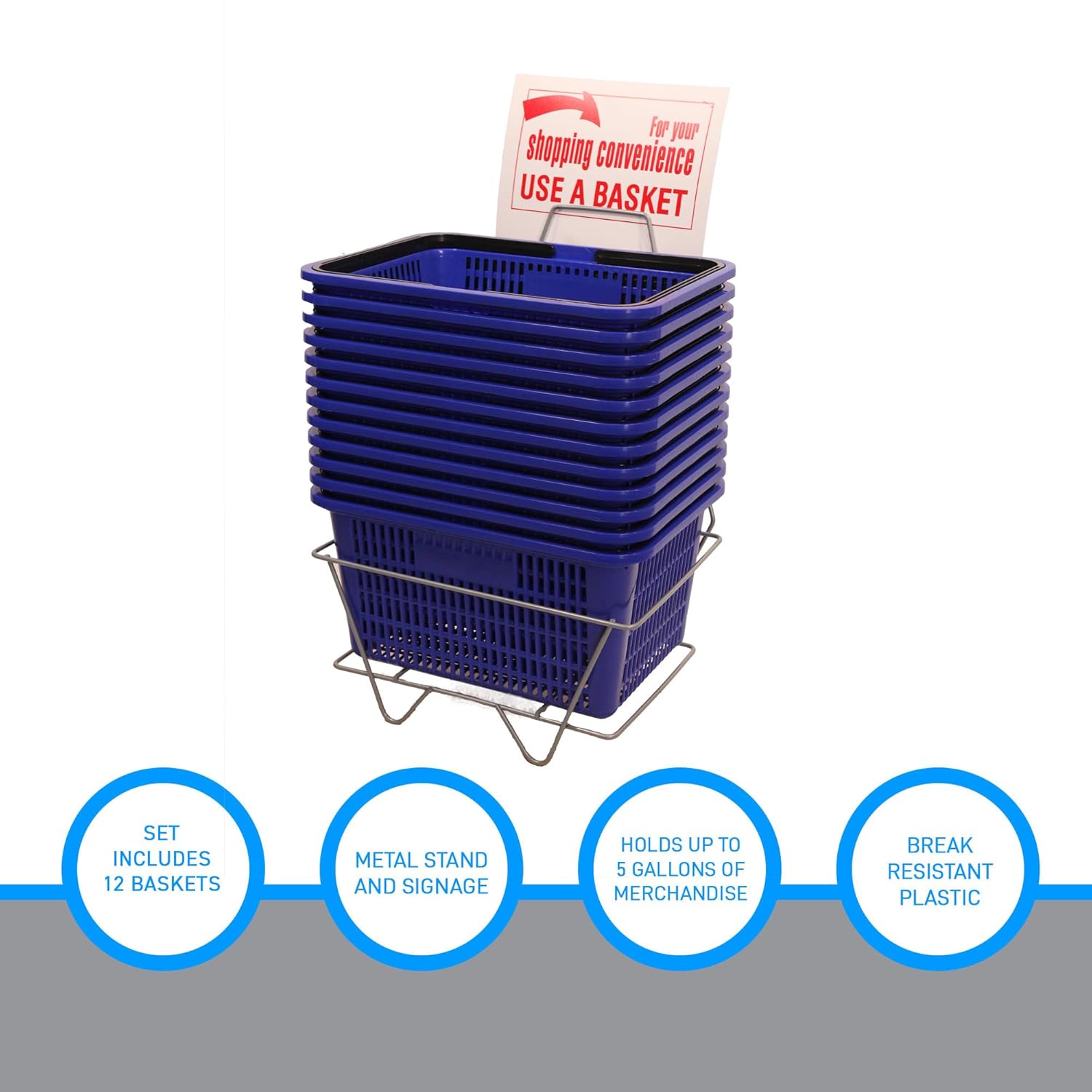 SSWBasics Blue Shopping Basket with Stand, Set of 12, 8-1/2"H x 12"W x 17"L - Ideal Grocery Baskets for Retail Environments