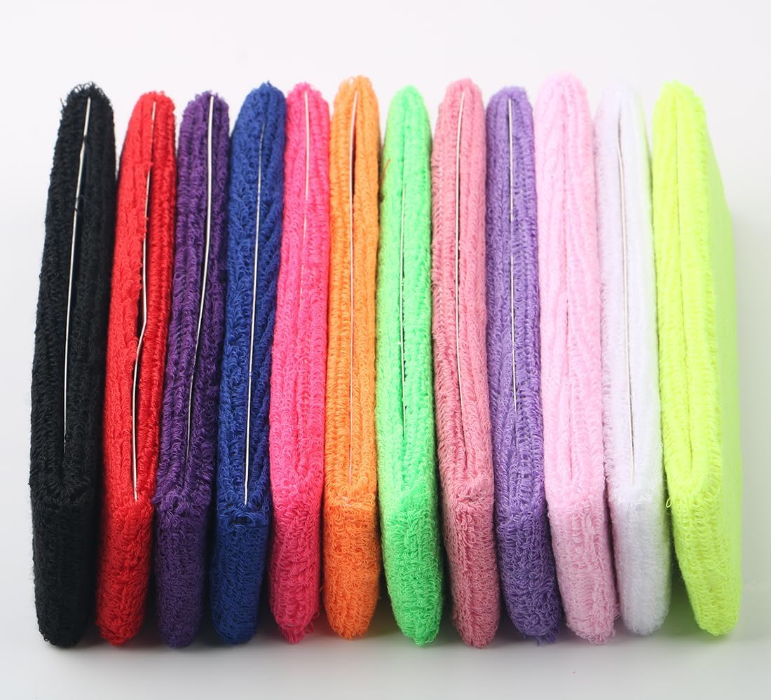 MBsonli 12pcs Sweatbands Cotton Sports Headband for Men Women Elastic Stretchy Moisture Wicking Athletic Cotton Terry Cloth Sweatband (Mixed Color)