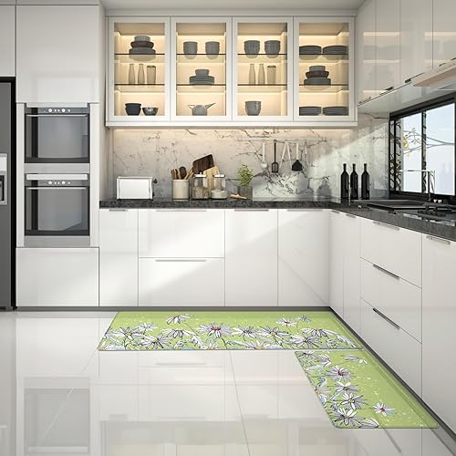 Miniatura 7 de Serwrsw Juego de 2 tapetes de cocina con diseño de margaritas blancas, 2 unidades, antideslizantes, lavables, 17 x 47 + 17 x 29 pulgadas, verde lima