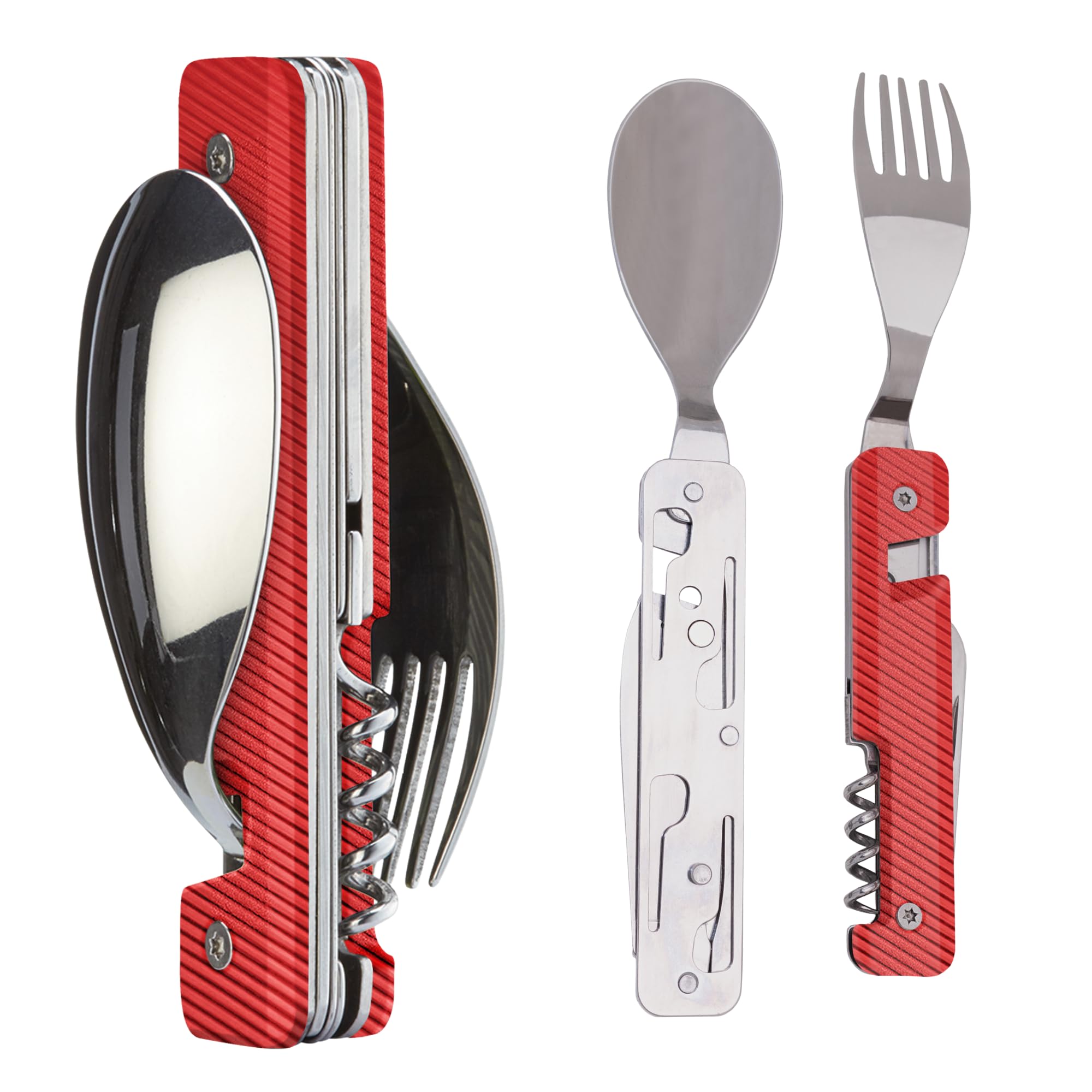 Akinod 6-in-1 Camping Cutlery Set – Multifunctional Stainless Steel Knife, Fork, Spoon with Corkscrew, Can & Bottle Opener, Compact Gadget for Camping Essentials