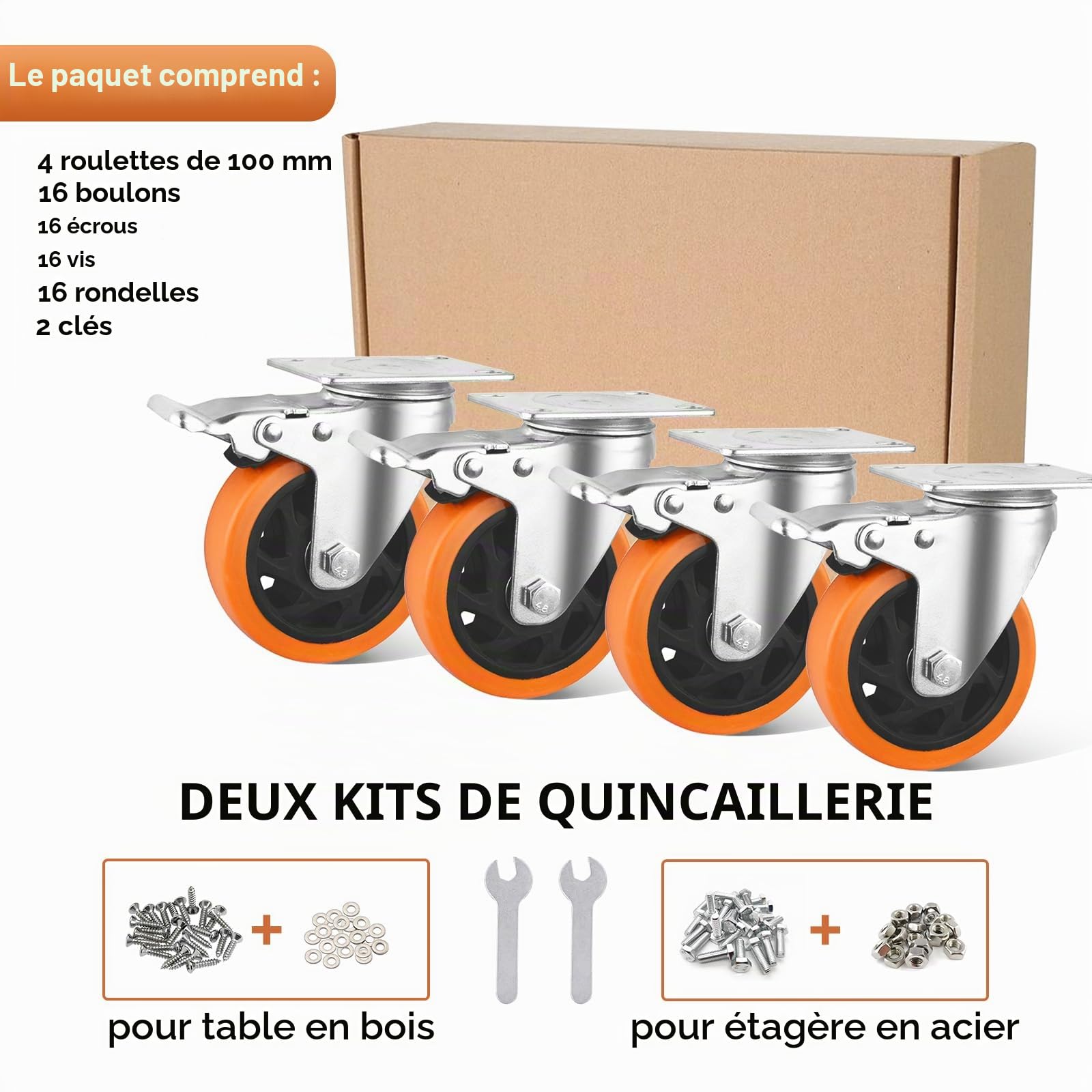 Lot de 4 roulettes pivotantes pour meubles, 100 mm, avec frein, 600 kg, pour charges lourdes, pour meubles, établi, chariot à outils, palettes, orange