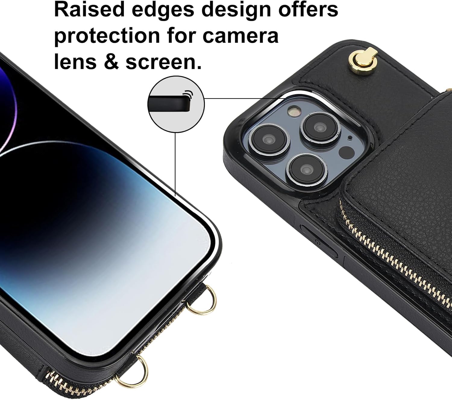 Bocasal for MagSafe Crossbody Wallet Case Compatible with iPhone 14 Pro Max, RFID Blocking Protective Purse Case with Card Slots Holder Kickstand Wrist Strap Lanyard Zipper 6.7 Inch 5G (Black)