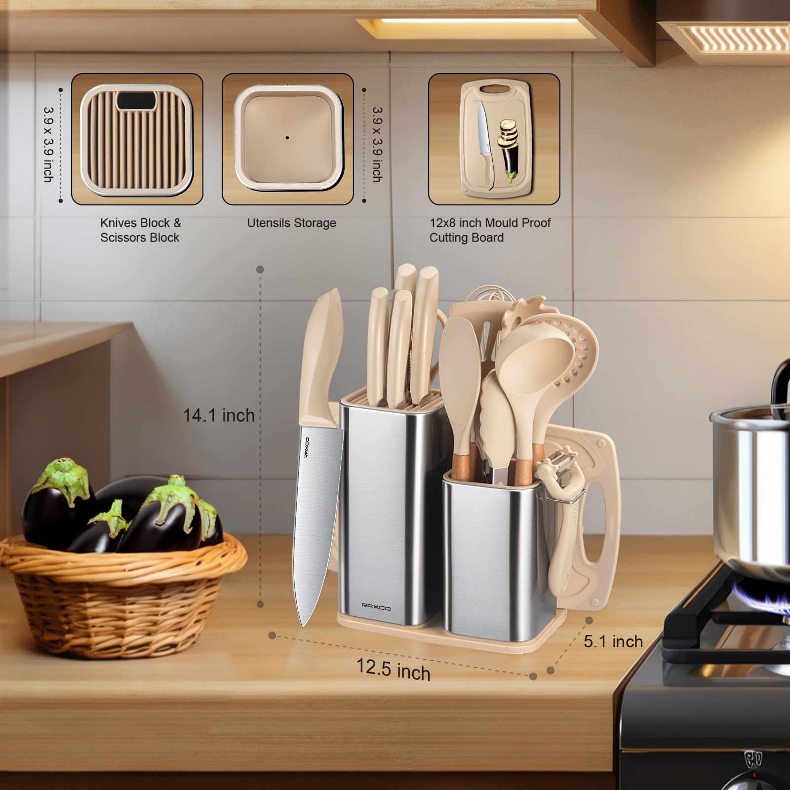 RAXCO Lot de 18 pi¨¨ces couteaux de cuisine avec bloc, ustensiles de cuisine avec set de 5 pi¨¨ces de couteaux et 7 pi¨¨ces de spatules en silicone, set d'accessoires de cuisine